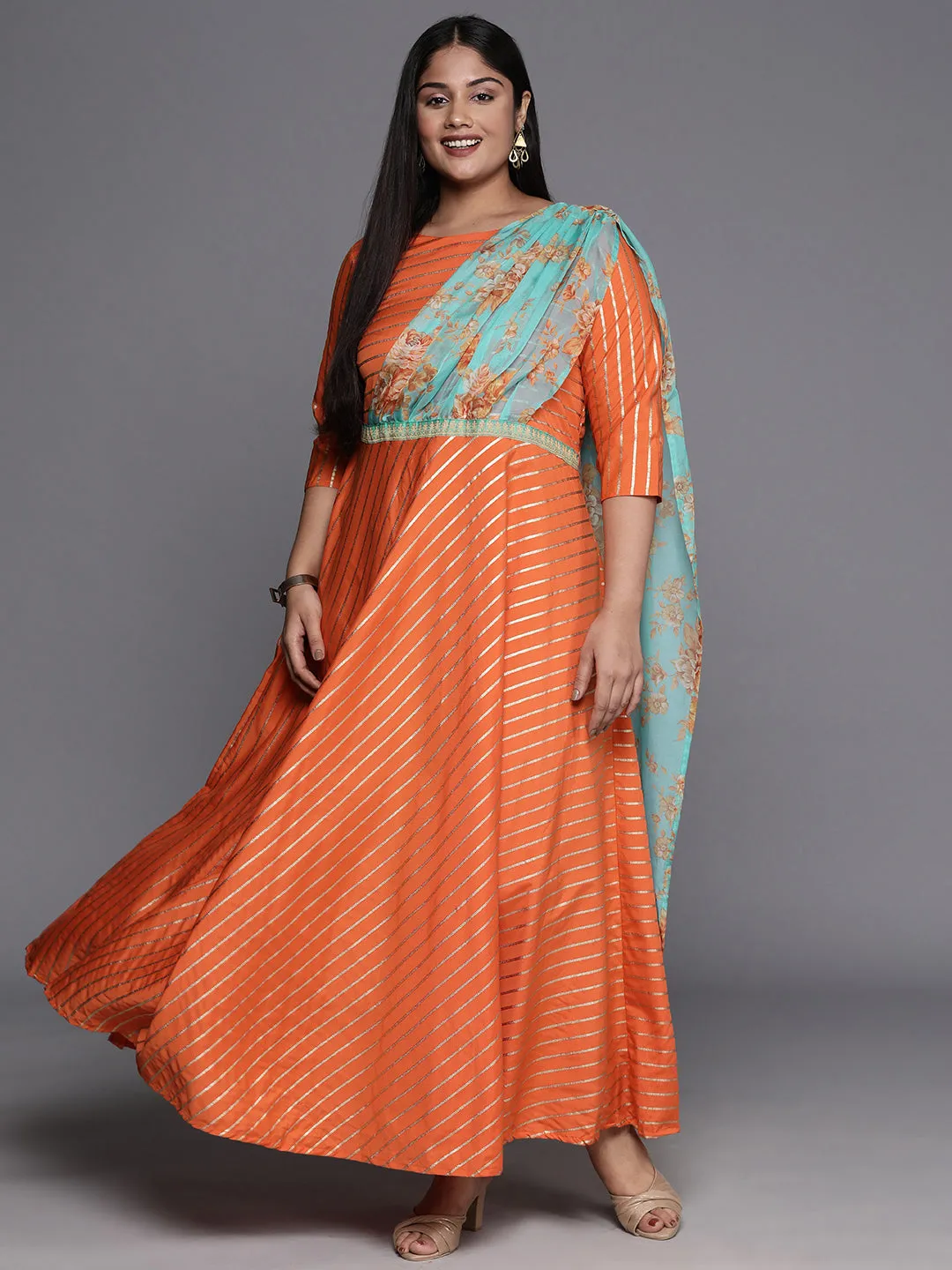 Orange Gold & Green Plus Size Maxi Ethnic Dress