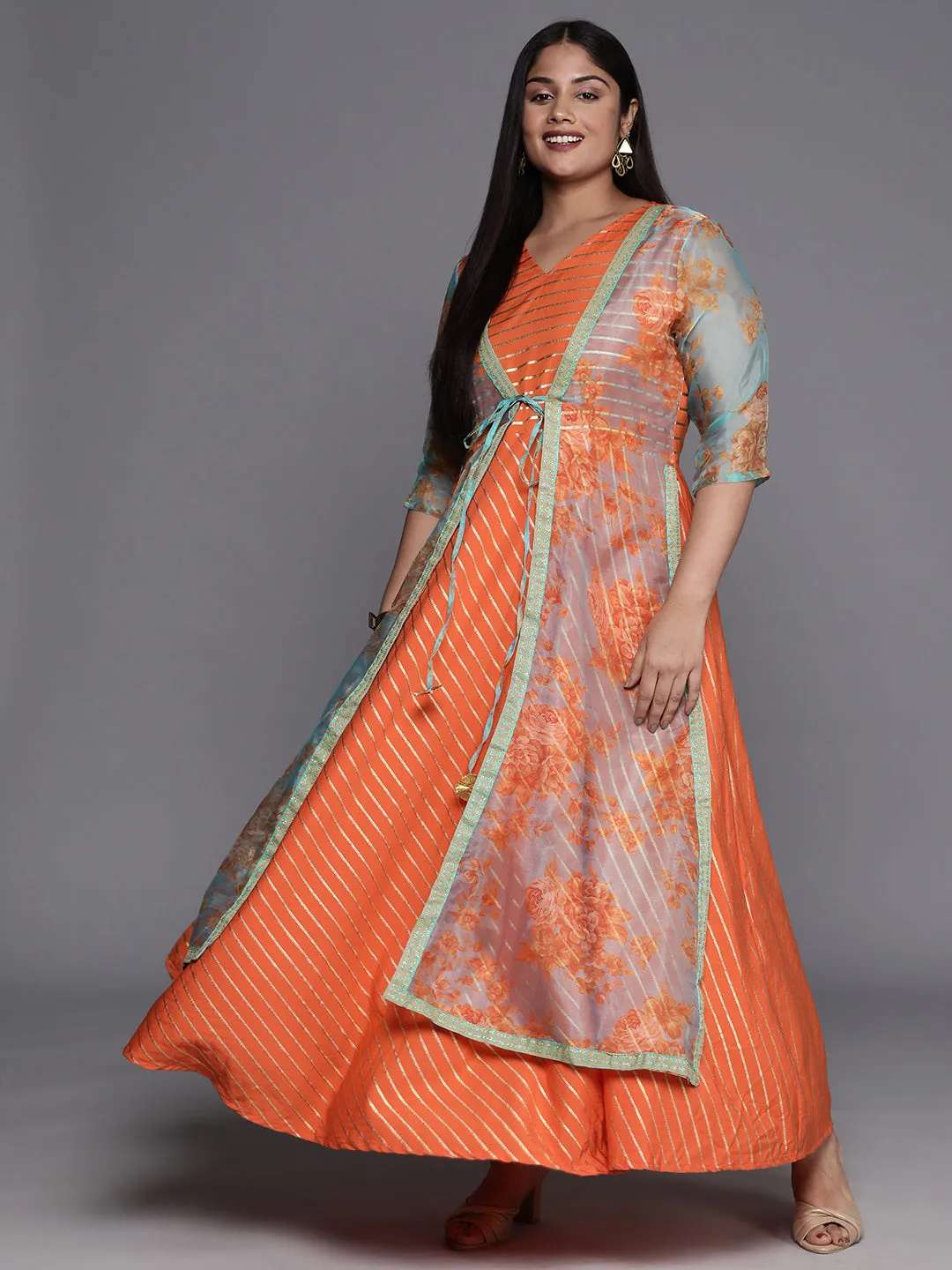 Orange, Gold & Green Printed Plus Size Maxi Ethnic Dress