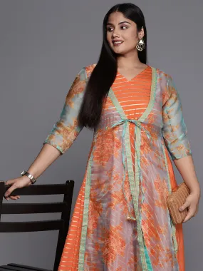 Orange, Gold & Green Printed Plus Size Maxi Ethnic Dress