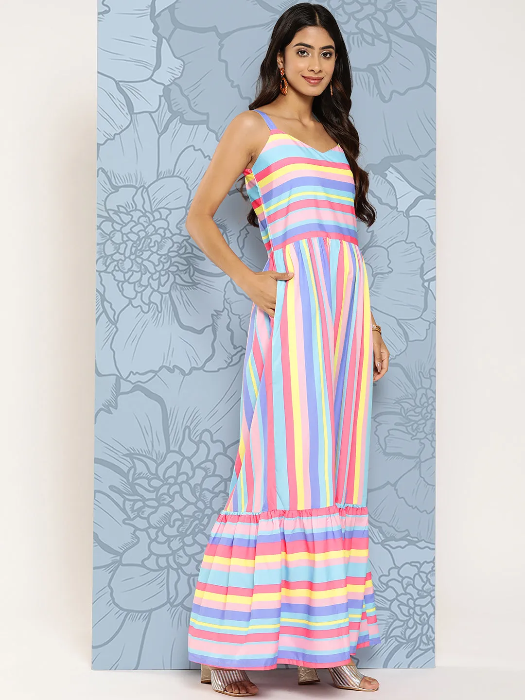 Pink & Blue Striped Maxi Ethnic Dress