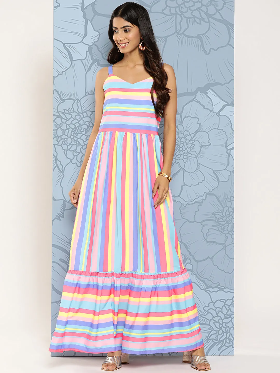 Pink & Blue Striped Maxi Ethnic Dress