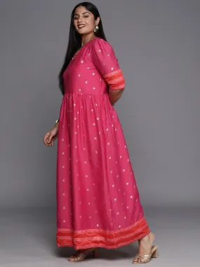 Pink & Gold Polka Dot Printed Plus Size Maxi Ethnic Dress