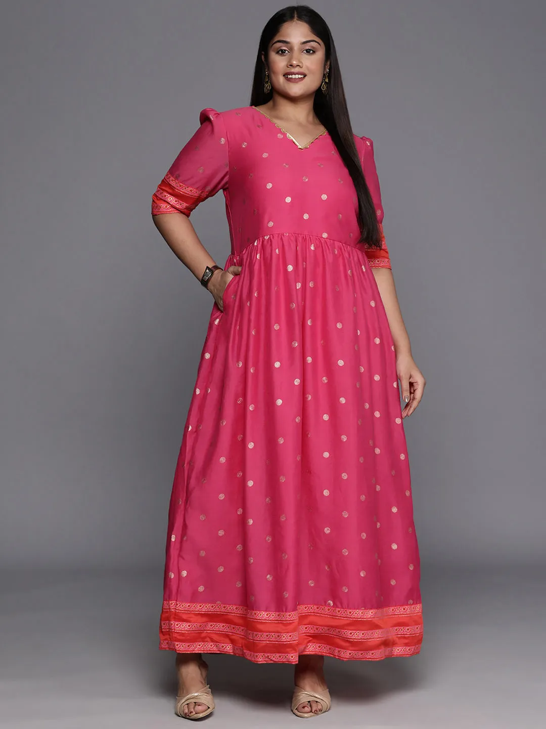 Pink & Gold Polka Dot Printed Plus Size Maxi Ethnic Dress