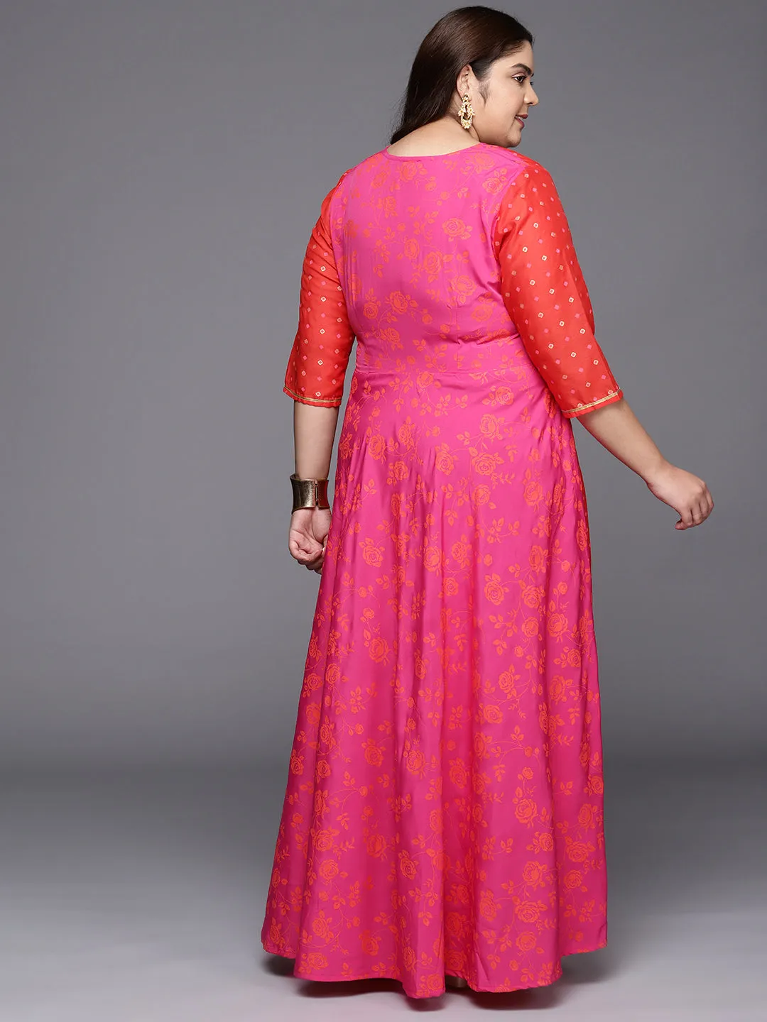 Pink & Red Plus Size Layered Maxi Ethnic Dress