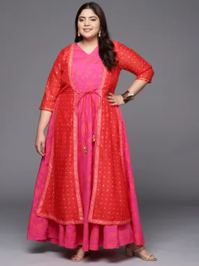 Pink & Red Plus Size Layered Maxi Ethnic Dress