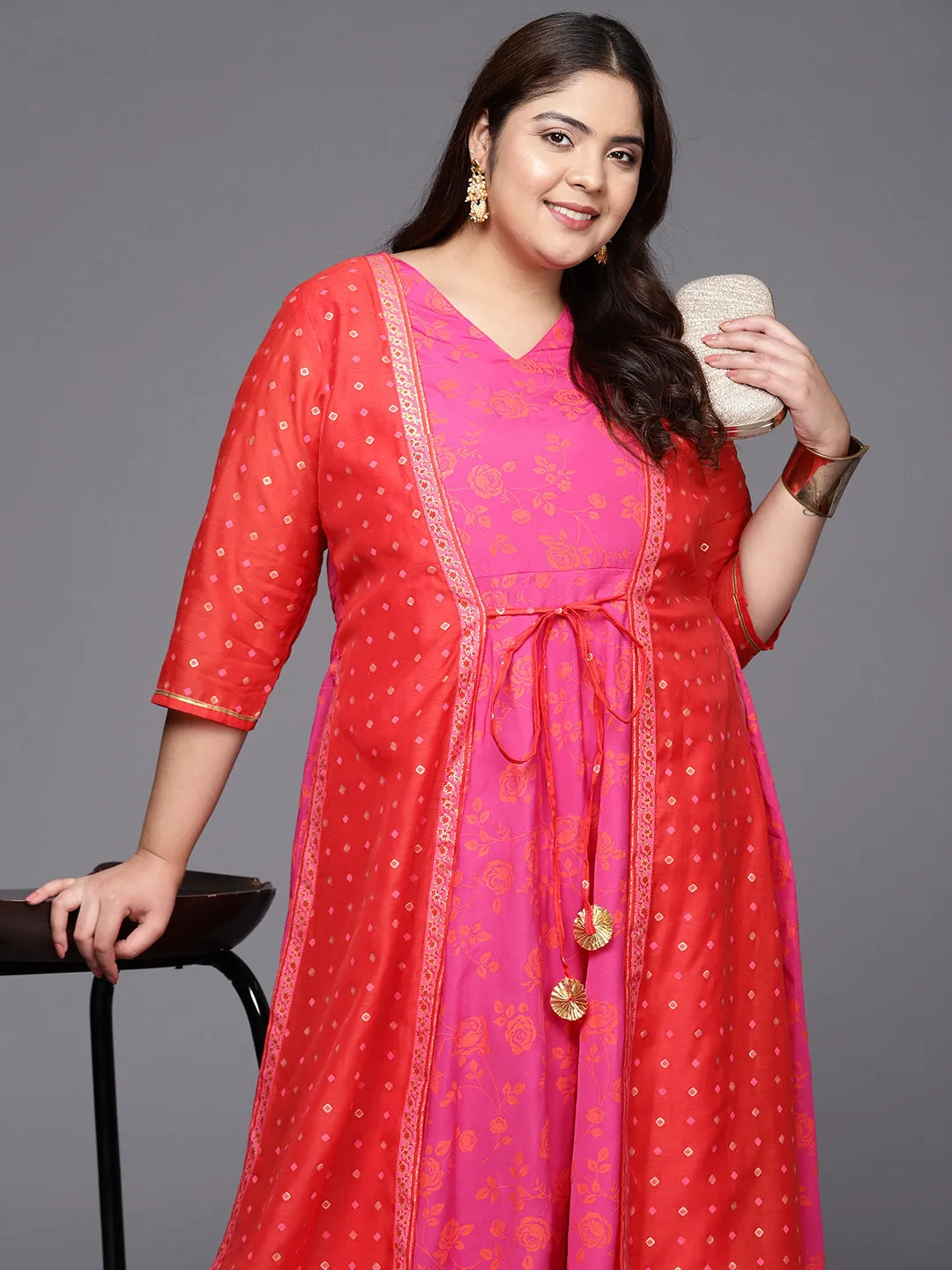 Pink & Red Plus Size Layered Maxi Ethnic Dress