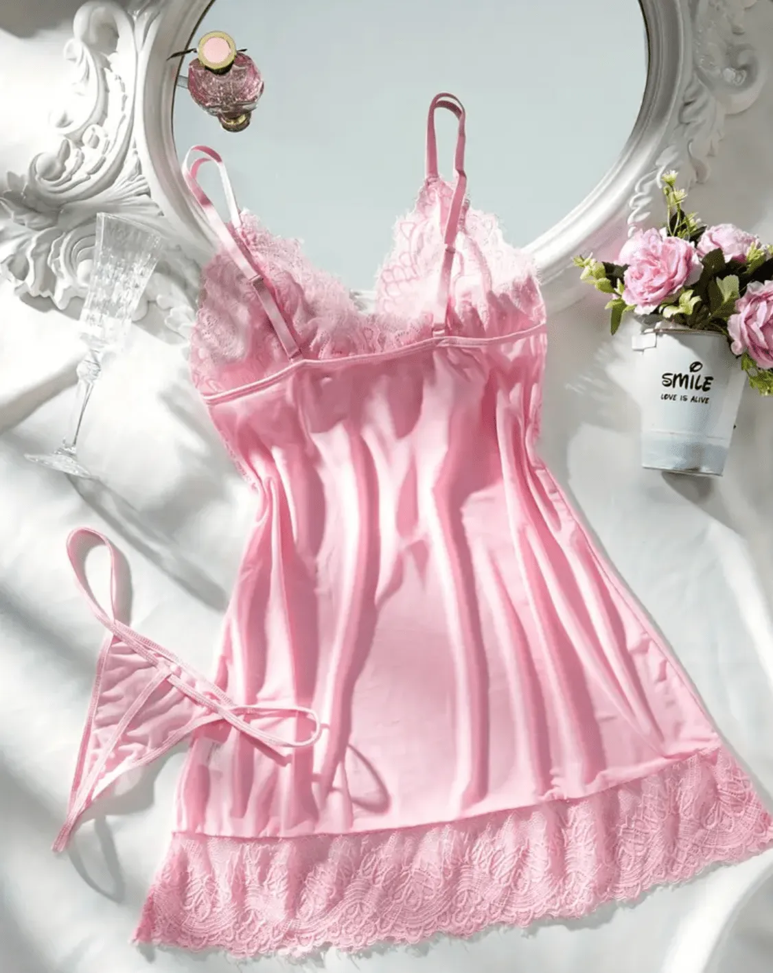 Pink Lace Lingerie Slip Nightdress Set Coquette Style