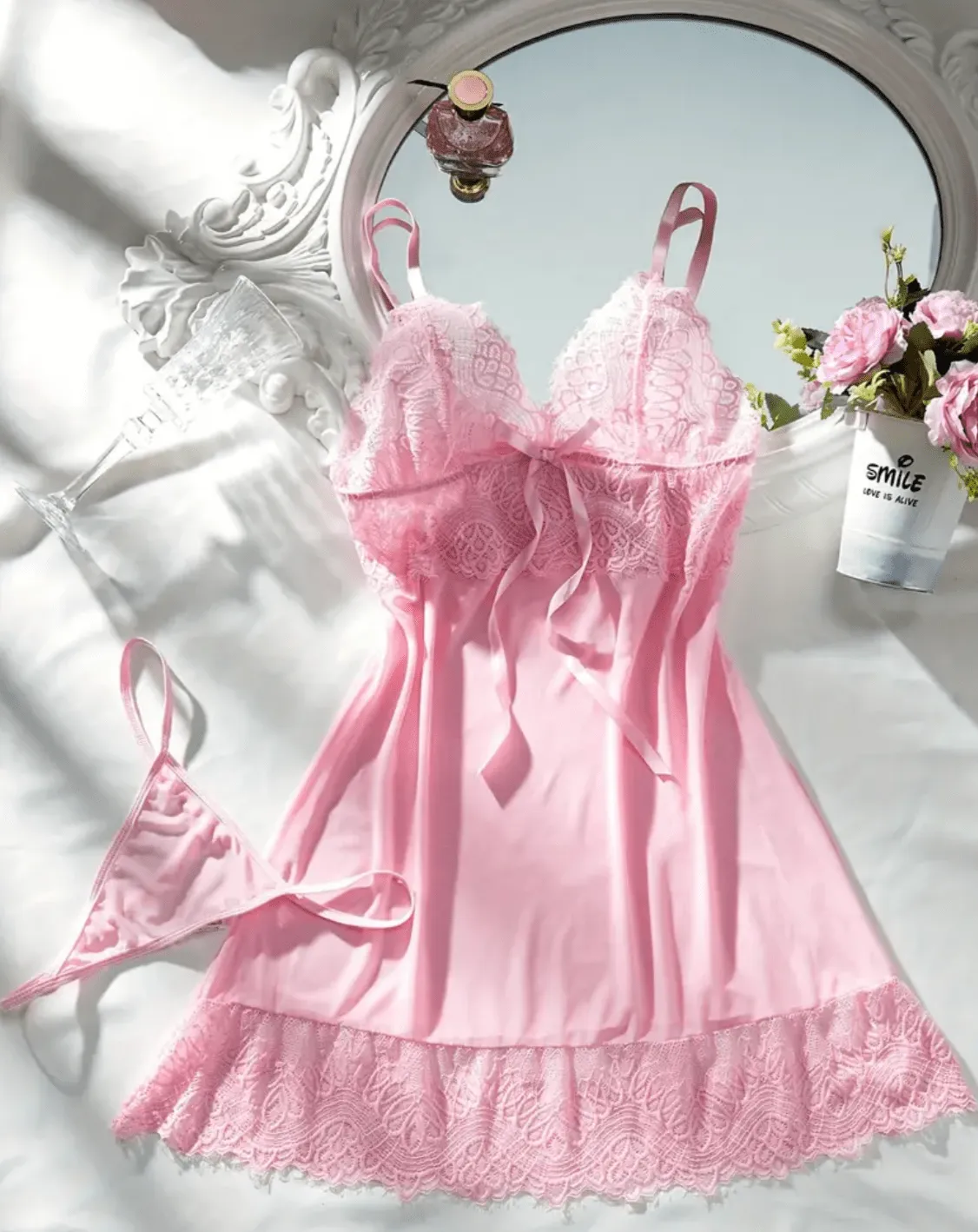 Pink Lace Lingerie Slip Nightdress Set Coquette Style