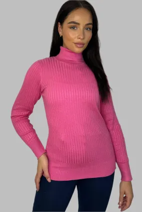 Pink Ribbed Knit High Neck Pullover