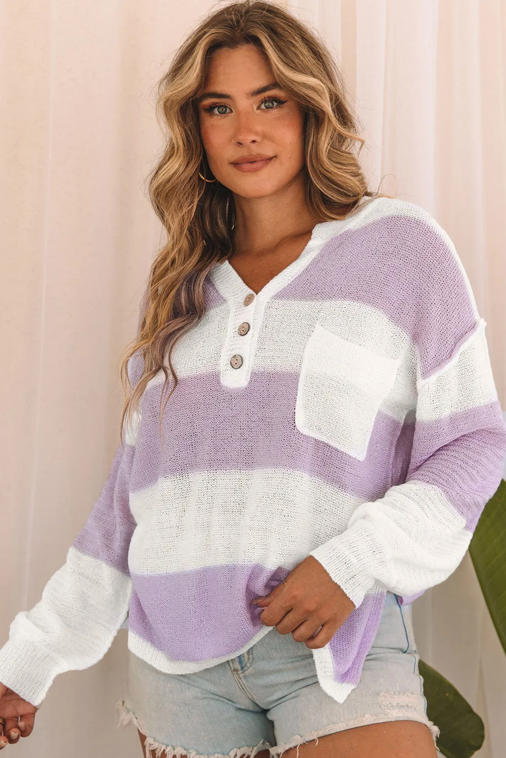 Pink Striped Knit Button Ribbed Split Neck Sweater