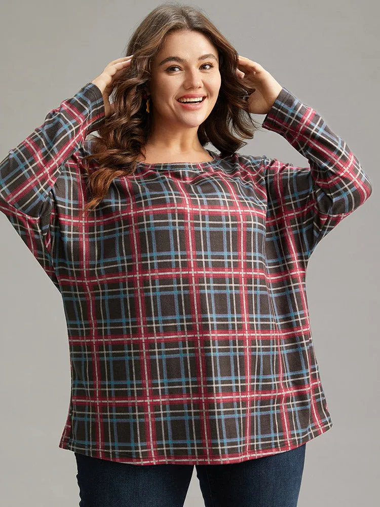 Plaid Dolman Sleeve Round Neck T-shirt