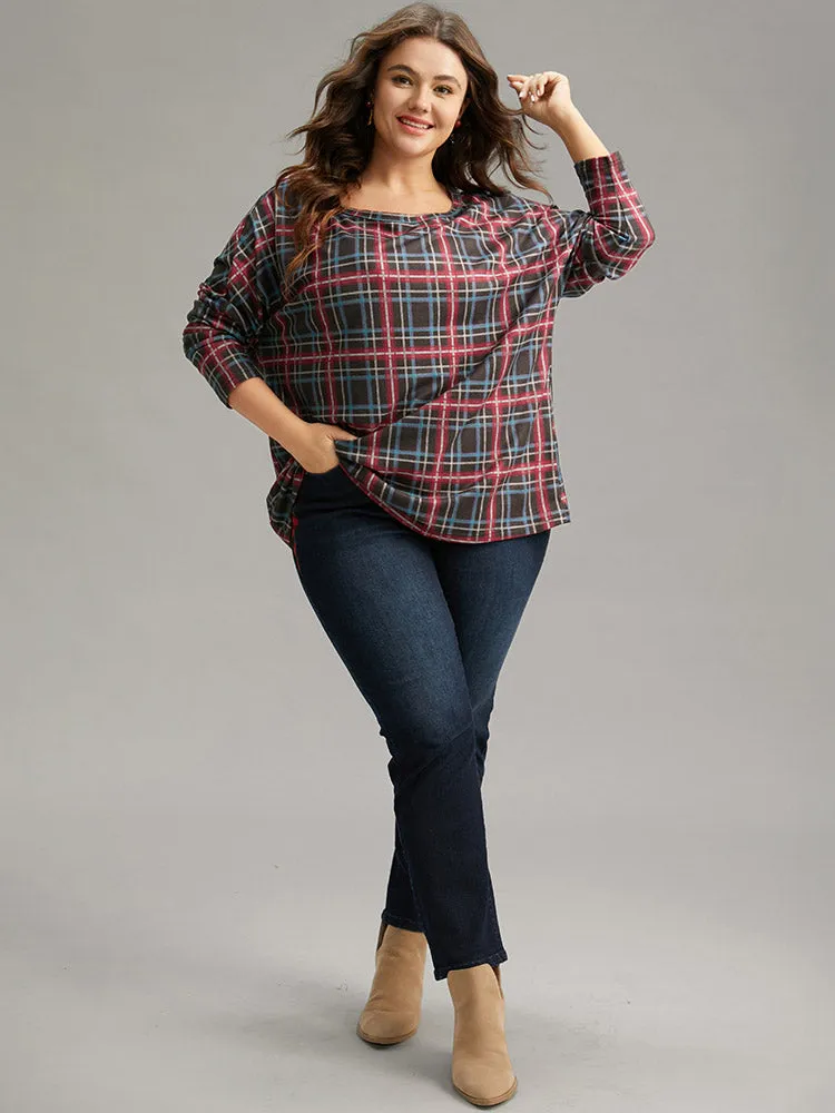 Plaid Dolman Sleeve Round Neck T-shirt