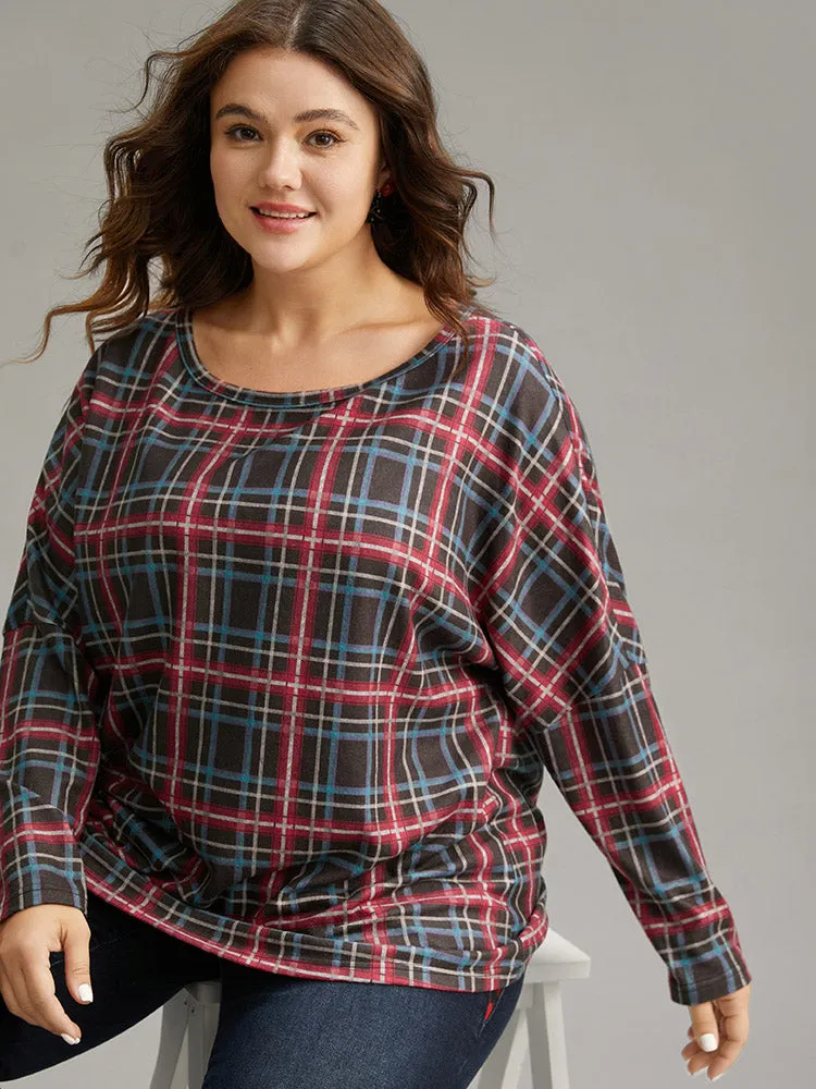 Plaid Dolman Sleeve Round Neck T-shirt