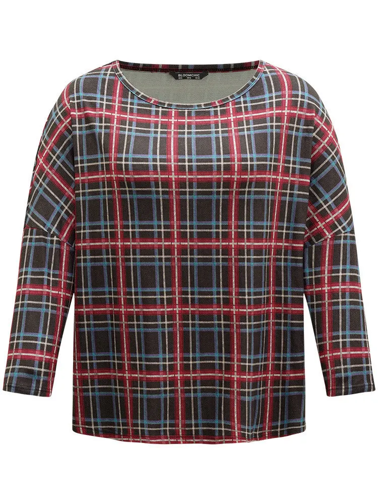 Plaid Dolman Sleeve Round Neck T-shirt