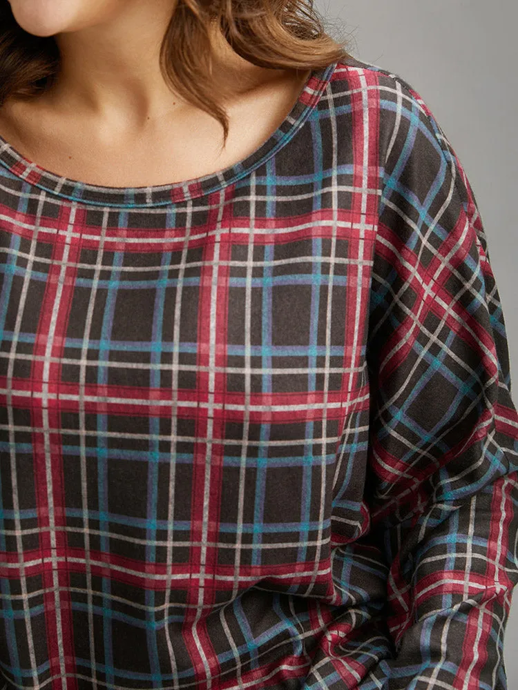 Plaid Dolman Sleeve Round Neck T-shirt