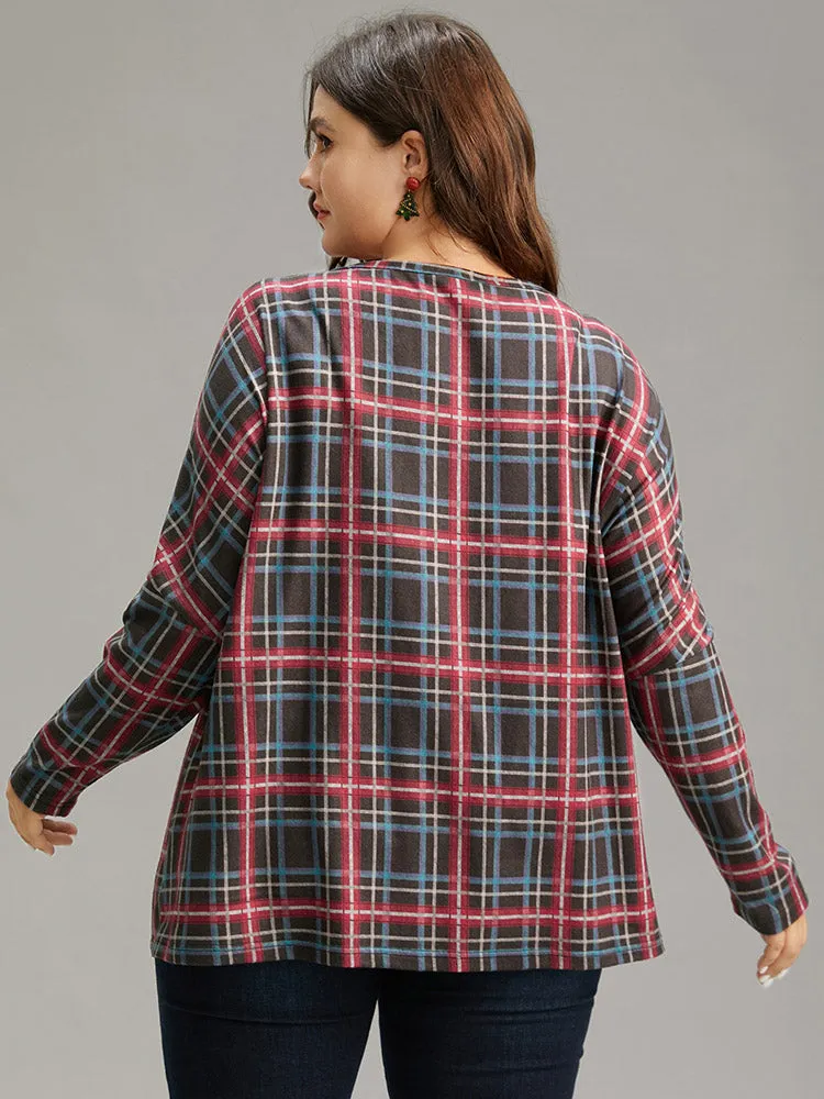 Plaid Dolman Sleeve Round Neck T-shirt