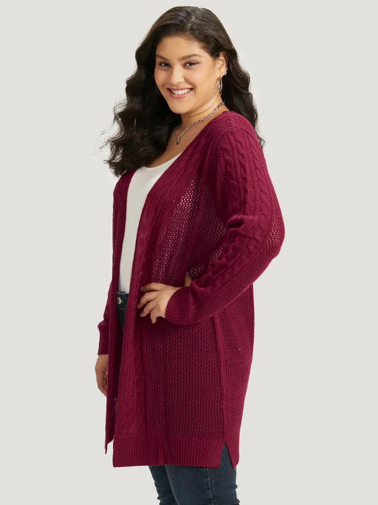 Plain Cable Knit Eyelet Open Front Cardigan