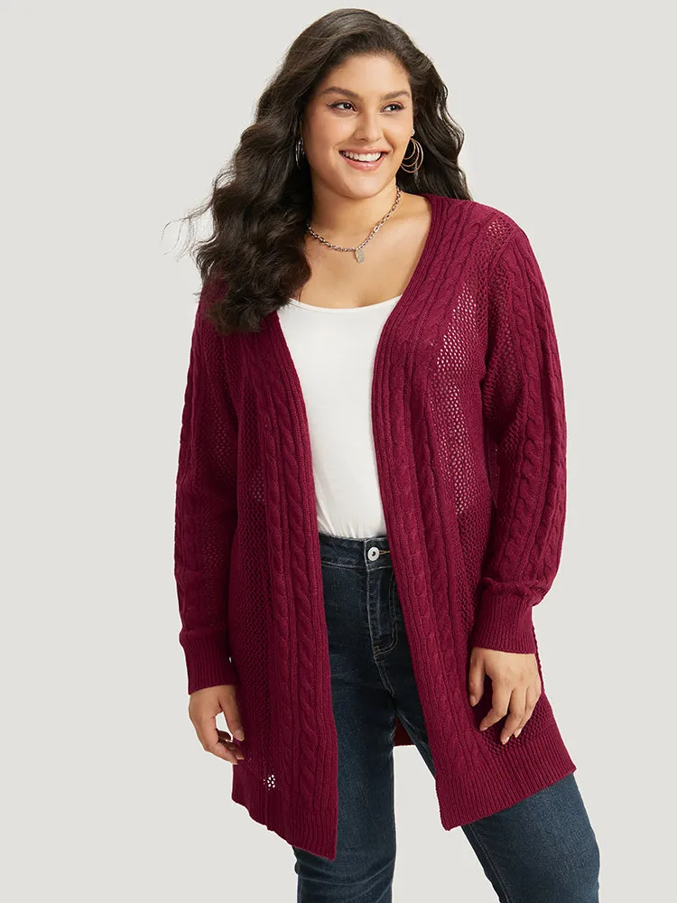 Plain Cable Knit Eyelet Open Front Cardigan