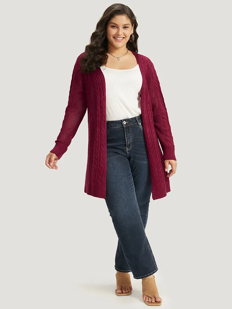 Plain Cable Knit Eyelet Open Front Cardigan