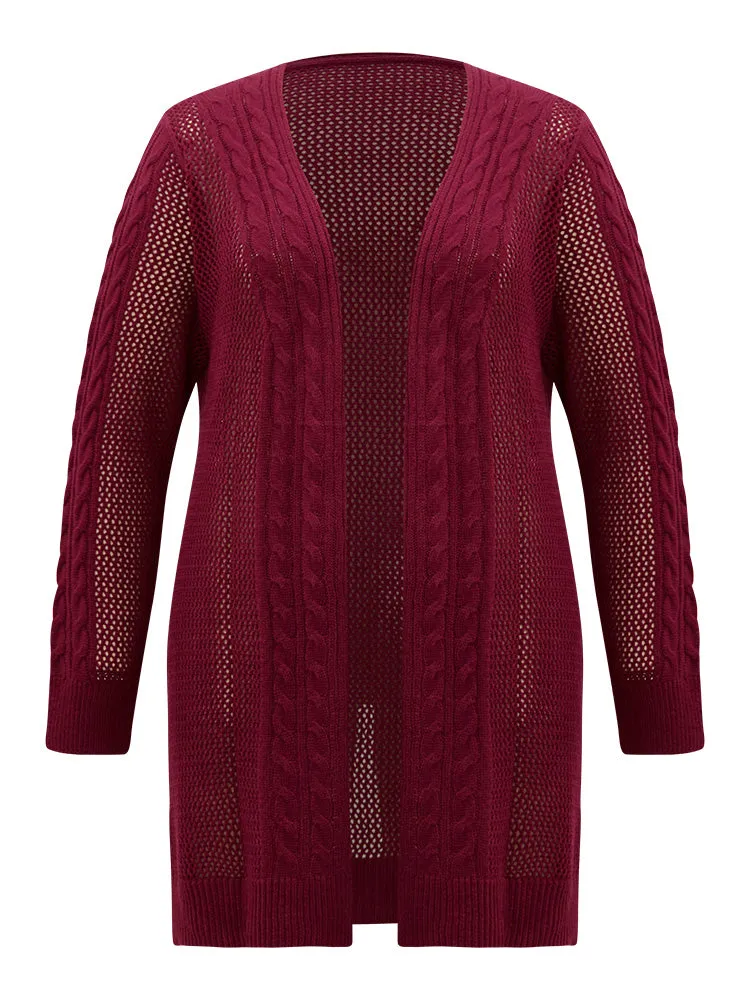 Plain Cable Knit Eyelet Open Front Cardigan