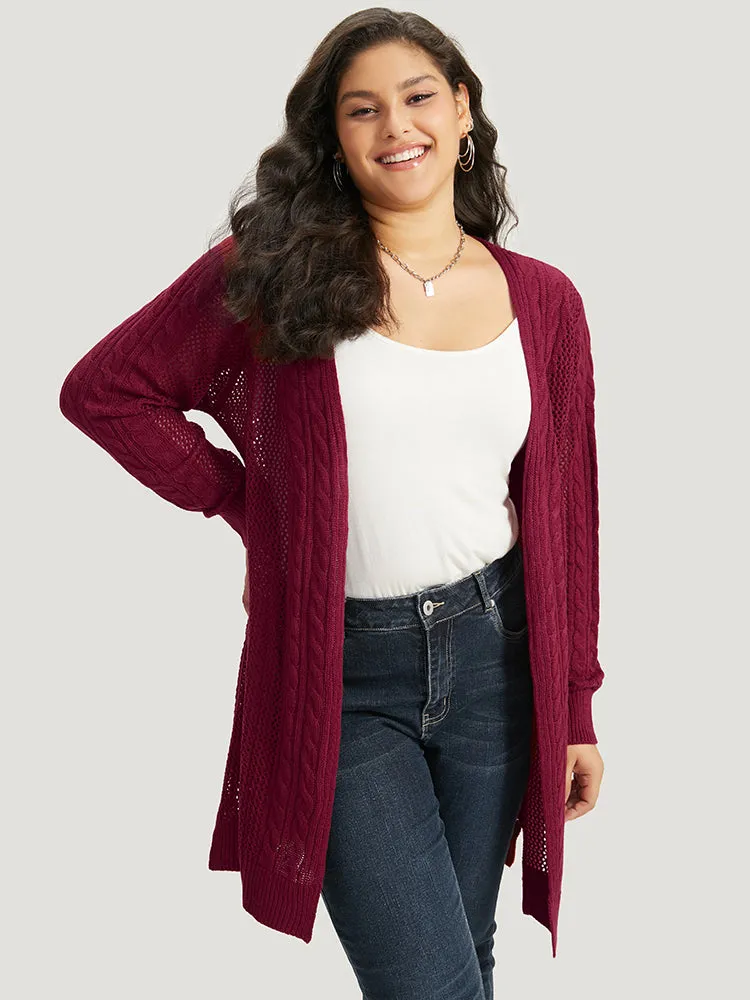 Plain Cable Knit Eyelet Open Front Cardigan