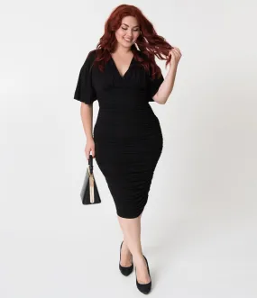 Plus Size Vintage Style Black Ruched Flutter Sleeve Rumor Wiggle Dress