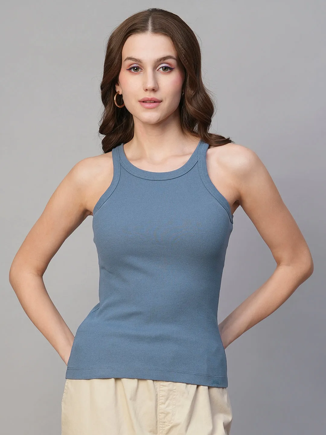 Pronk Ribbed Sleeveless Tank - Denim Blue