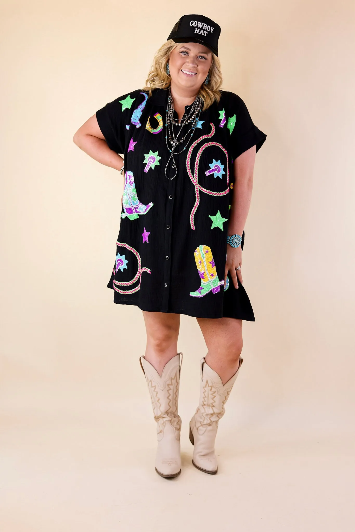 Queen Of Sparkles | Cowboy Casanova Western Icon Short Sleeve Sequin Dress in Black