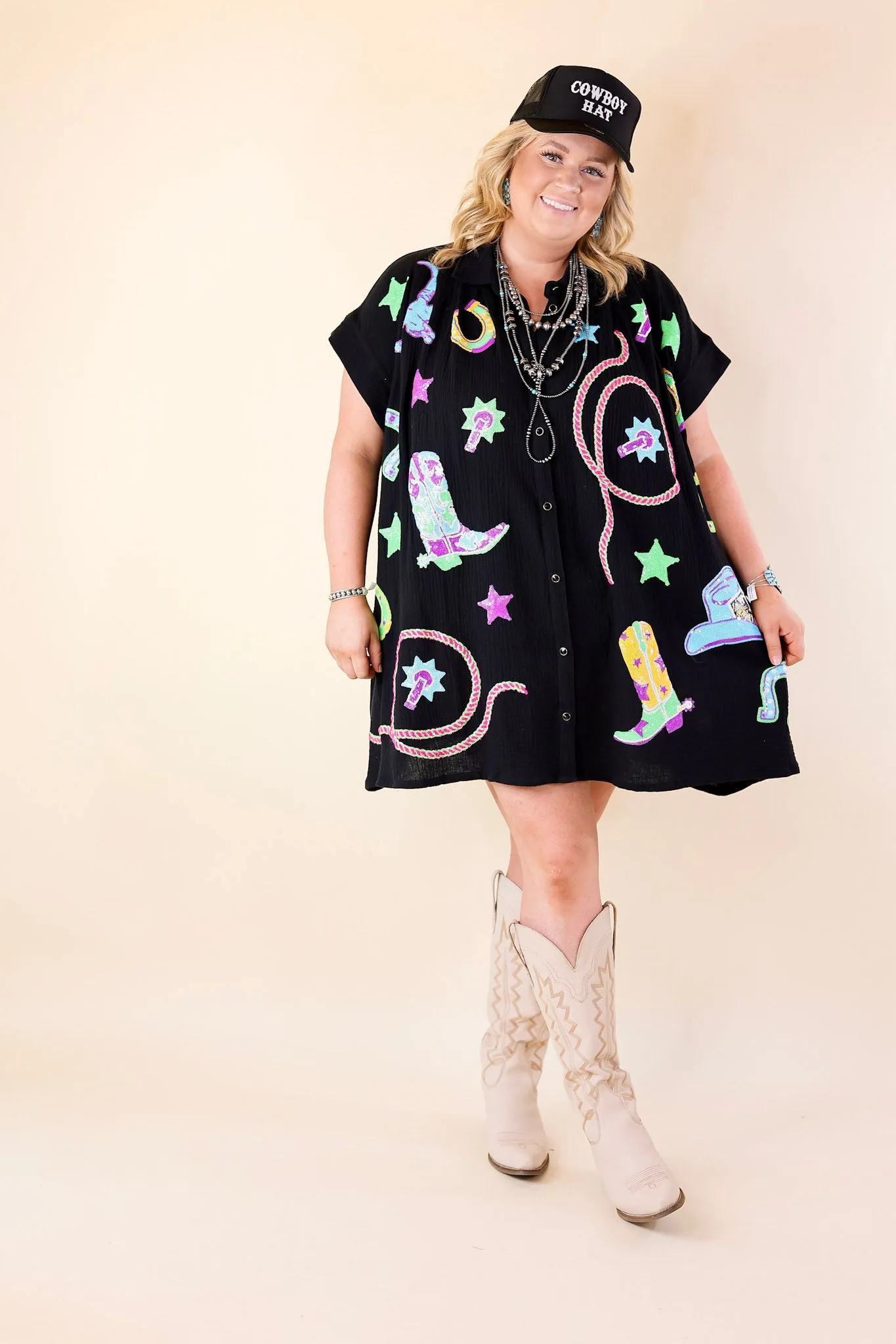 Queen Of Sparkles | Cowboy Casanova Western Icon Short Sleeve Sequin Dress in Black