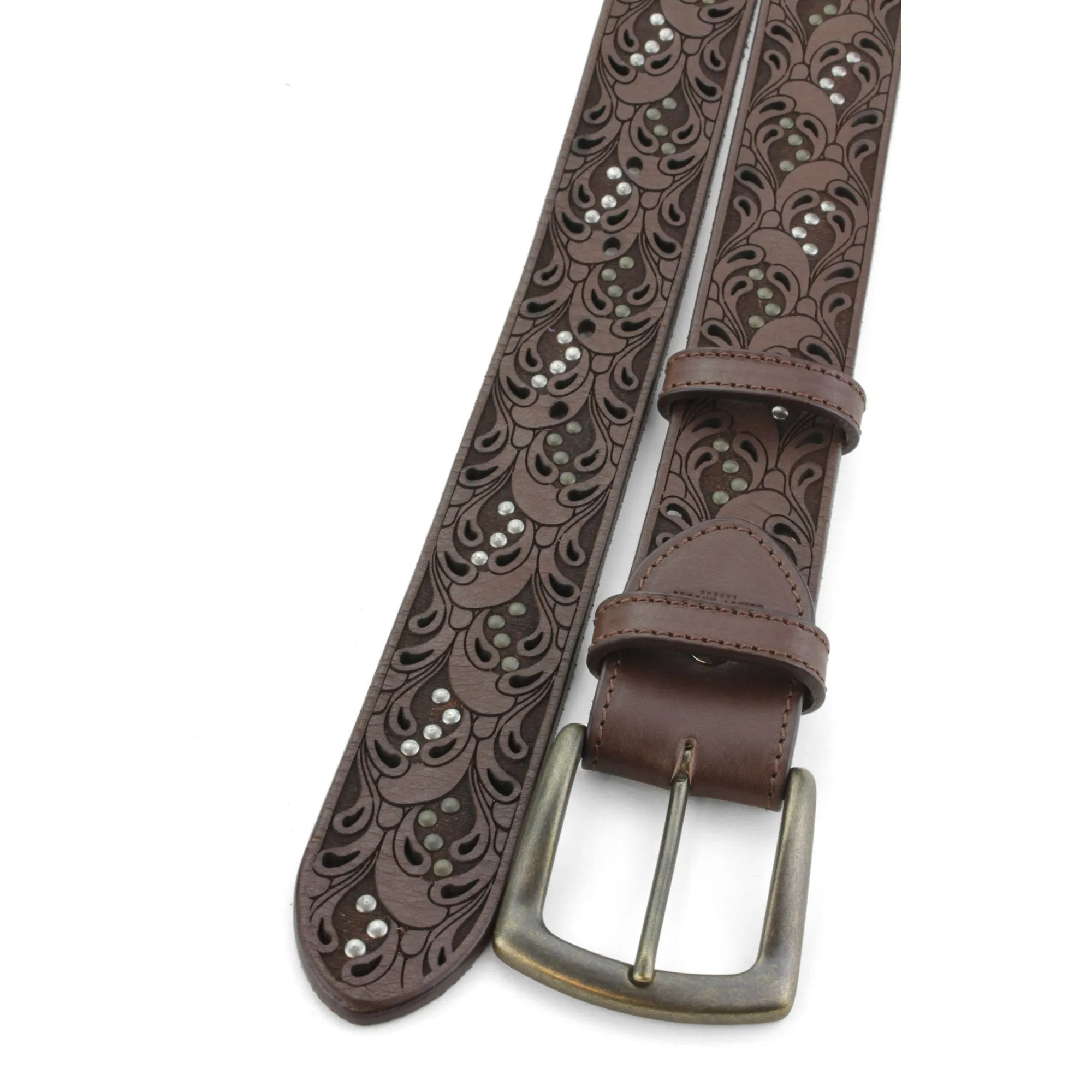 Raft Dark Brown Paisley Studded Belt