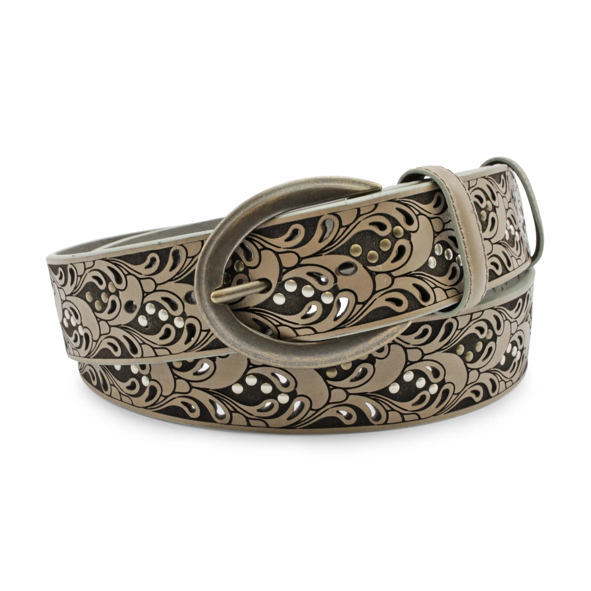 Raft' Paisley Studded Ice Grey Antique Prong Belt