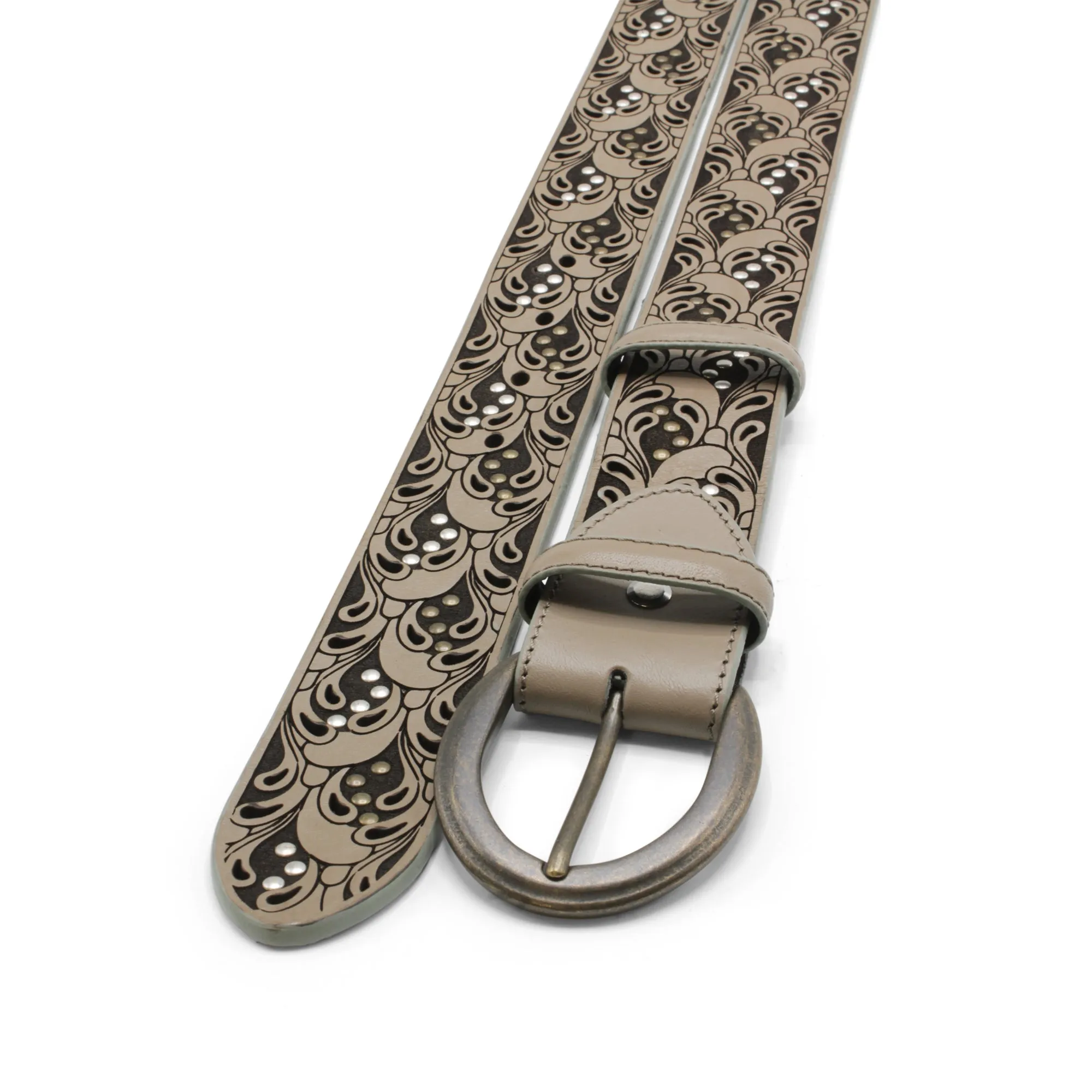 Raft' Paisley Studded Ice Grey Antique Prong Belt