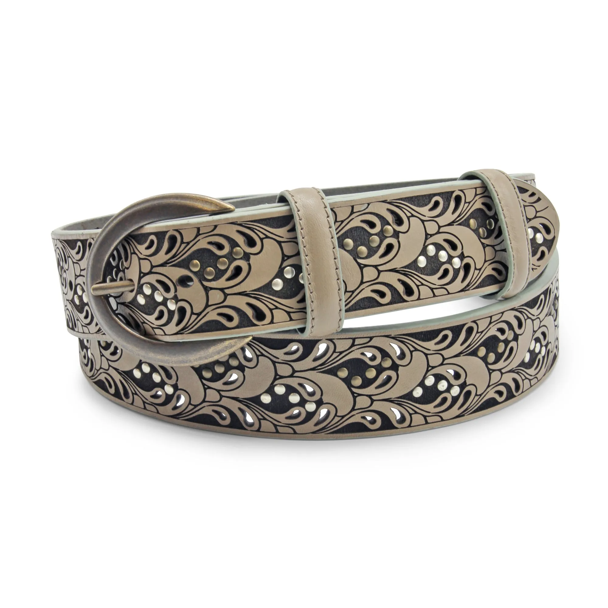 Raft' Paisley Studded Ice Grey Antique Prong Belt