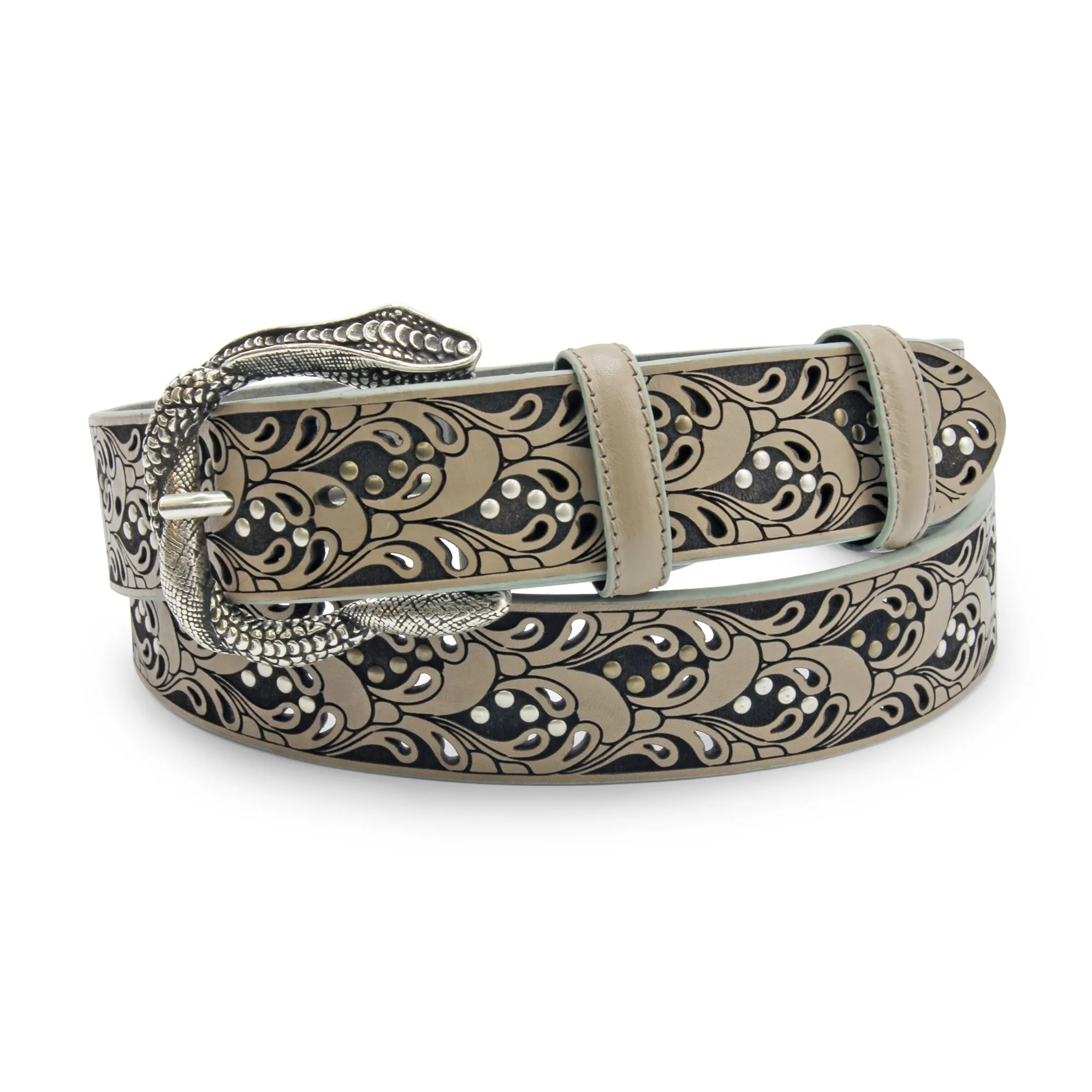 Raft' Paisley Studded Ice Grey Snake Prong Belt