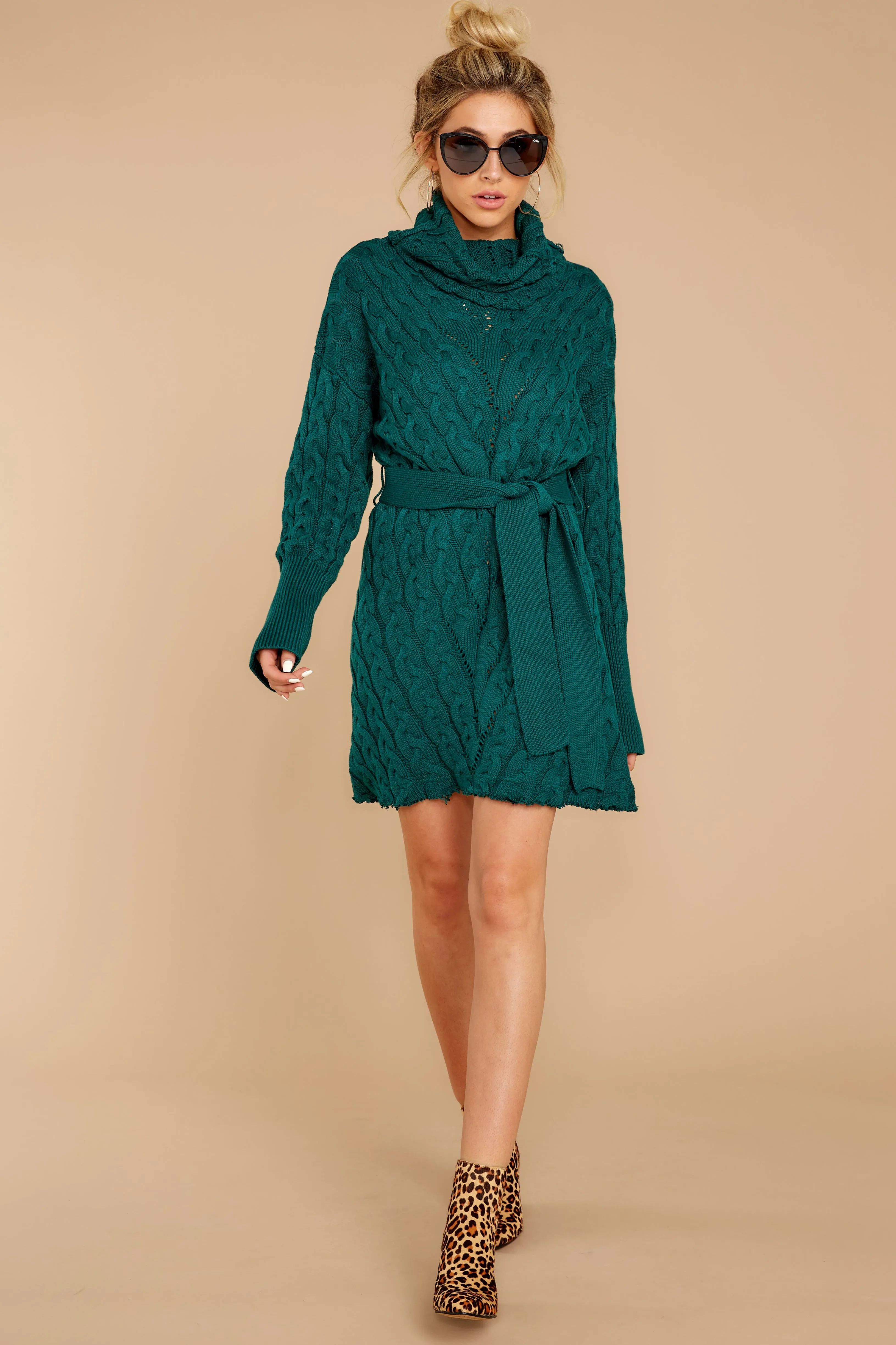 Ready Willing And Cable Knit Teal Green Sweater Dress