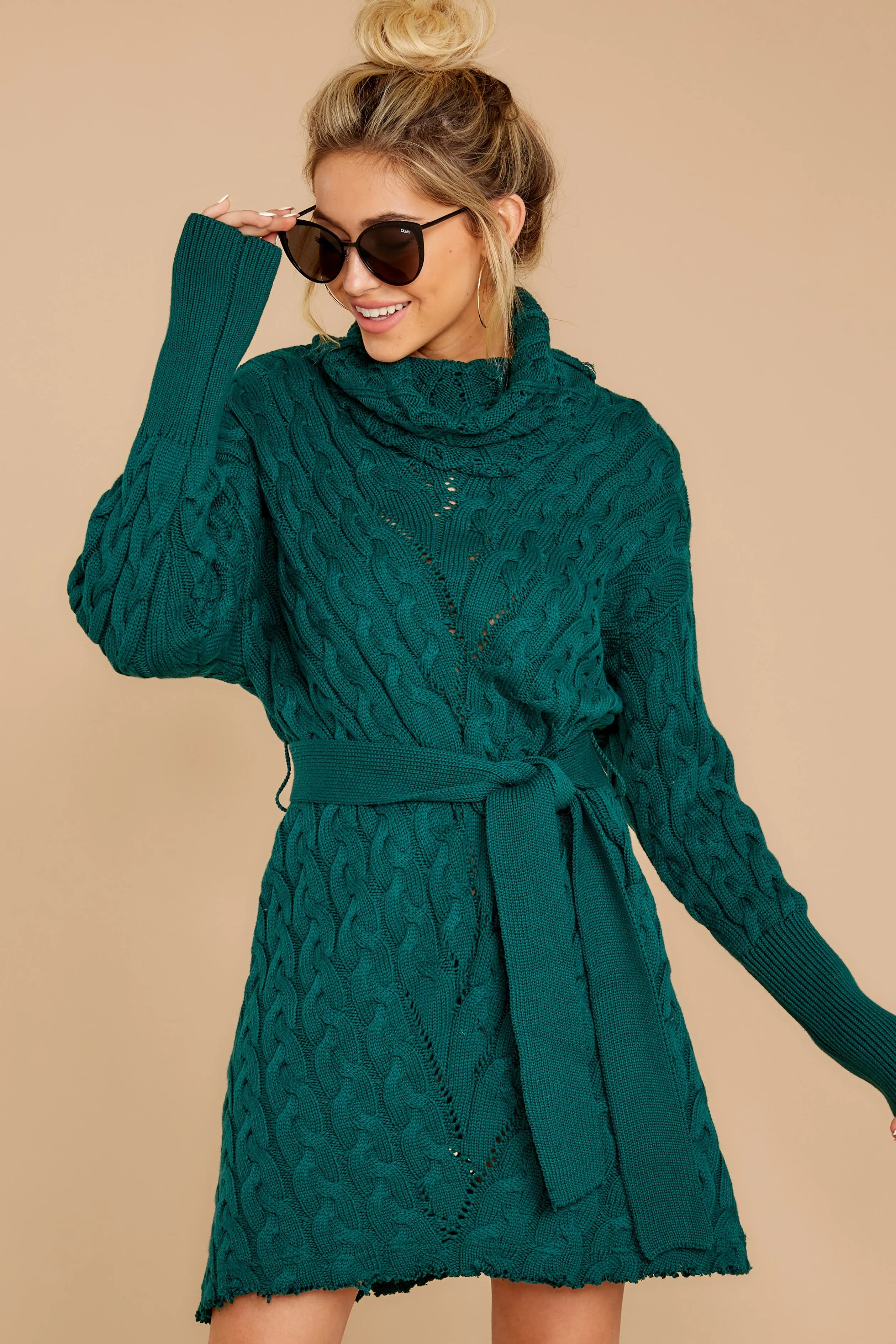 Ready Willing And Cable Knit Teal Green Sweater Dress