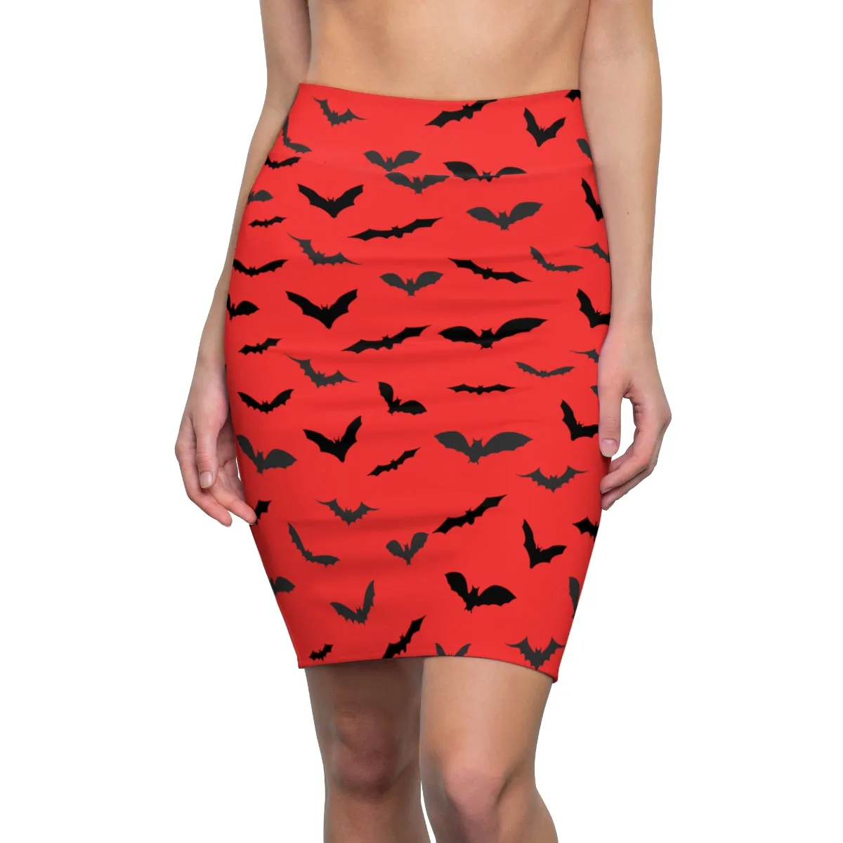 Red Halloween Bats Pencil Skirt, Best Red Black Halloween Bats Pencil Skirt, Red Black Halloween Bats Print Women's Pencil Skirt- Made in USA (US Size: XS-2XL)