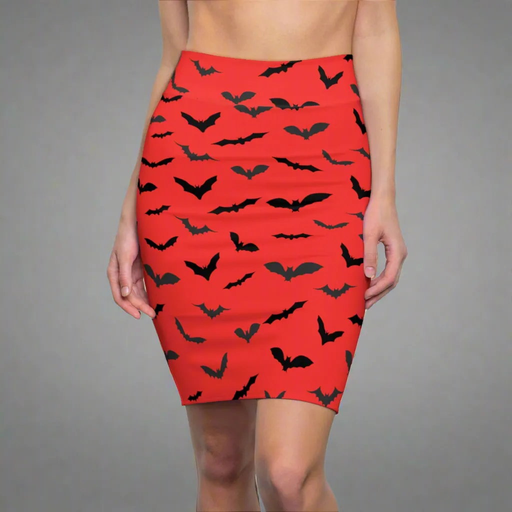 Red Halloween Bats Pencil Skirt, Best Red Black Halloween Bats Pencil Skirt, Red Black Halloween Bats Print Women's Pencil Skirt- Made in USA (US Size: XS-2XL)