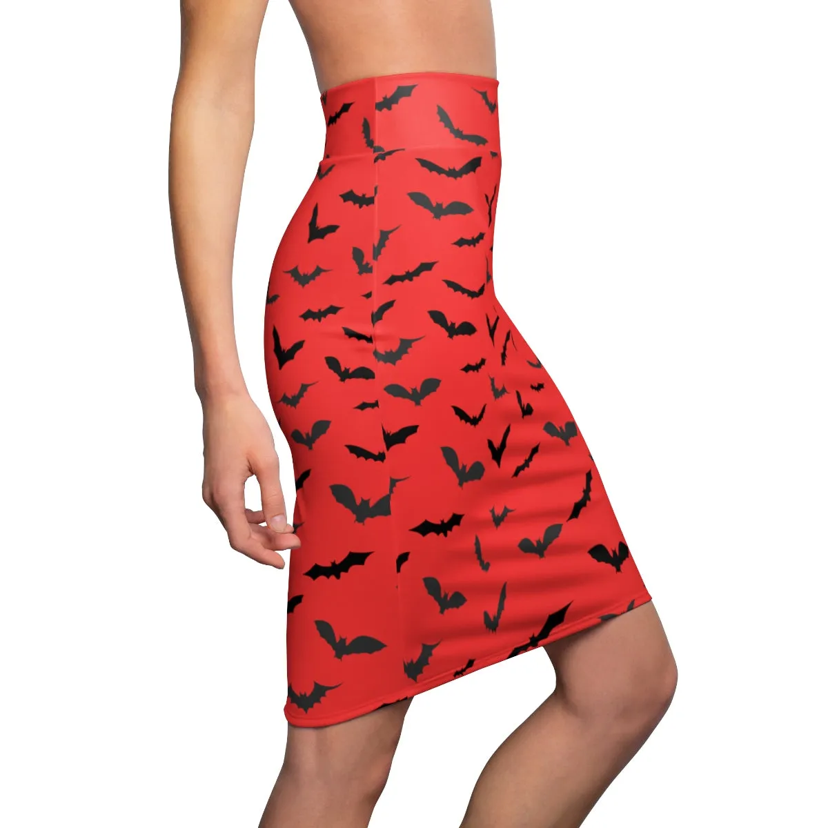 Red Halloween Bats Pencil Skirt, Best Red Black Halloween Bats Pencil Skirt, Red Black Halloween Bats Print Women's Pencil Skirt- Made in USA (US Size: XS-2XL)