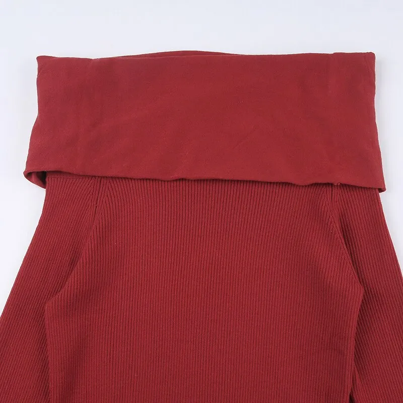 Red Slash Neck Slim Sweater Dress