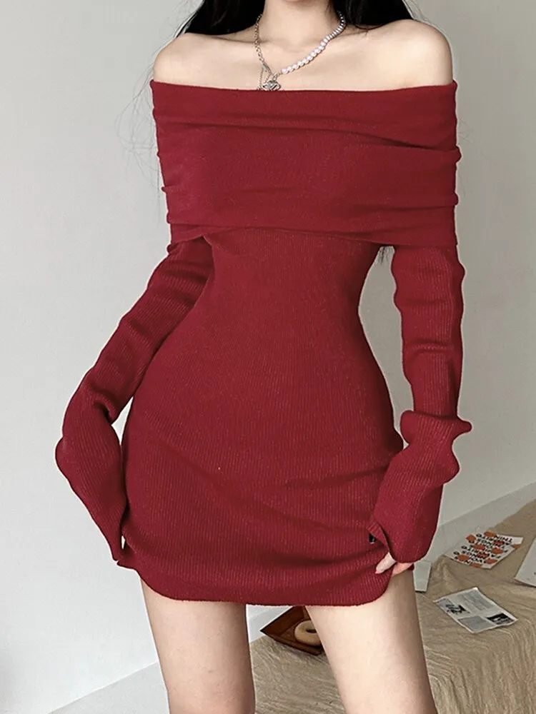 Red Slash Neck Slim Sweater Dress