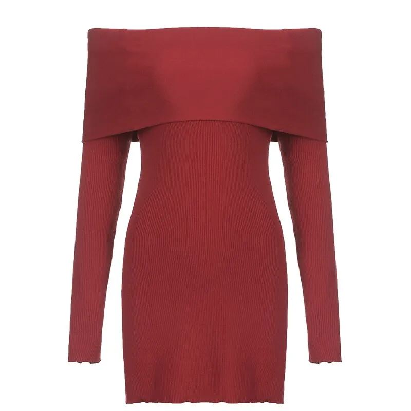 Red Slash Neck Slim Sweater Dress