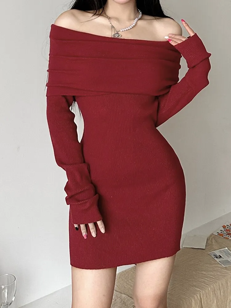 Red Slash Neck Slim Sweater Dress