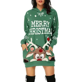 Reindeer Print Christmas Hooded Sweater Dress: A casual everyday dress with Xmas style!