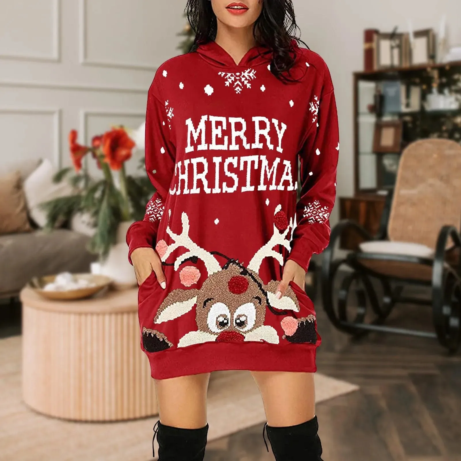 Reindeer Print Christmas Hooded Sweater Dress: A casual everyday dress with Xmas style!