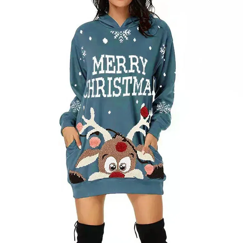 Reindeer Print Christmas Hooded Sweater Dress: A casual everyday dress with Xmas style!