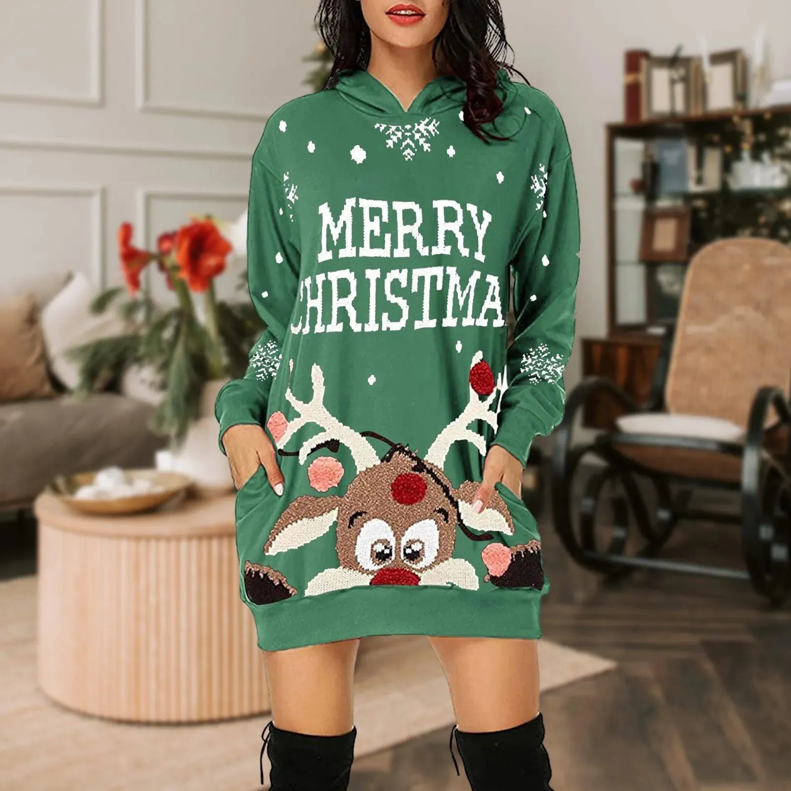 Reindeer Print Christmas Hooded Sweater Dress: A casual everyday dress with Xmas style!