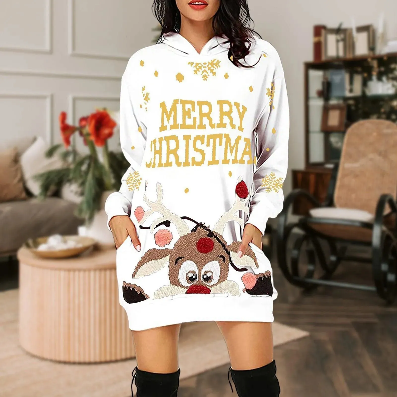 Reindeer Print Christmas Hooded Sweater Dress: A casual everyday dress with Xmas style!