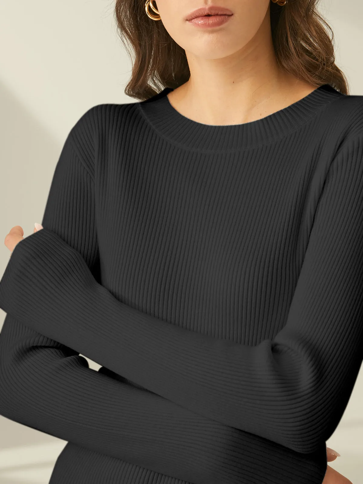 Ribbed Crewneck Graceful Sweater Dress