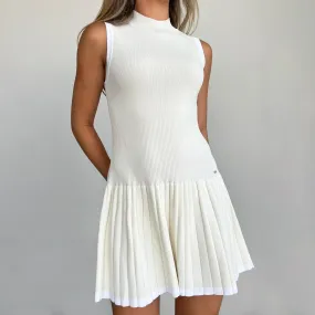 Robe en Maille Plissée à Col Montant - Crème